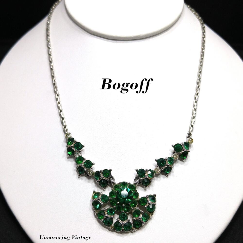 Bogoff Green Rhinestone Pendant Choker Necklace, Rhodium Plated, 1940s Vintage